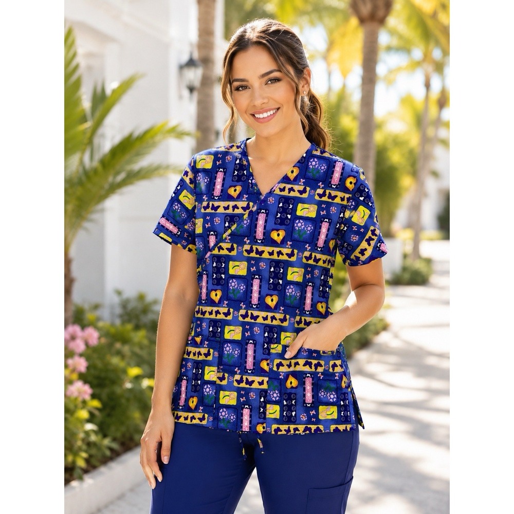 Elsie Of Miami Womens XSmall Mock Wrap Scrub Top Multicolor Hearts Butterflies